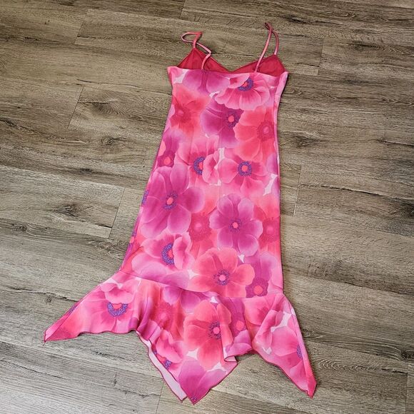 Vintage Mirrors Y2K Slip Dress S Pink Floral Sharkbite Hem So-Cal Island Girl - Picture 9 of 11